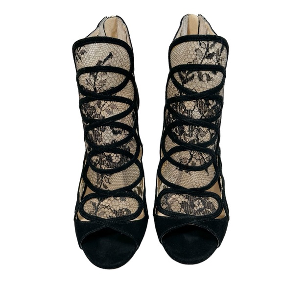 JIMMY CHOO Fauna Lace Suede Cage Heeled Sandal in Black - Picture 2 of 12